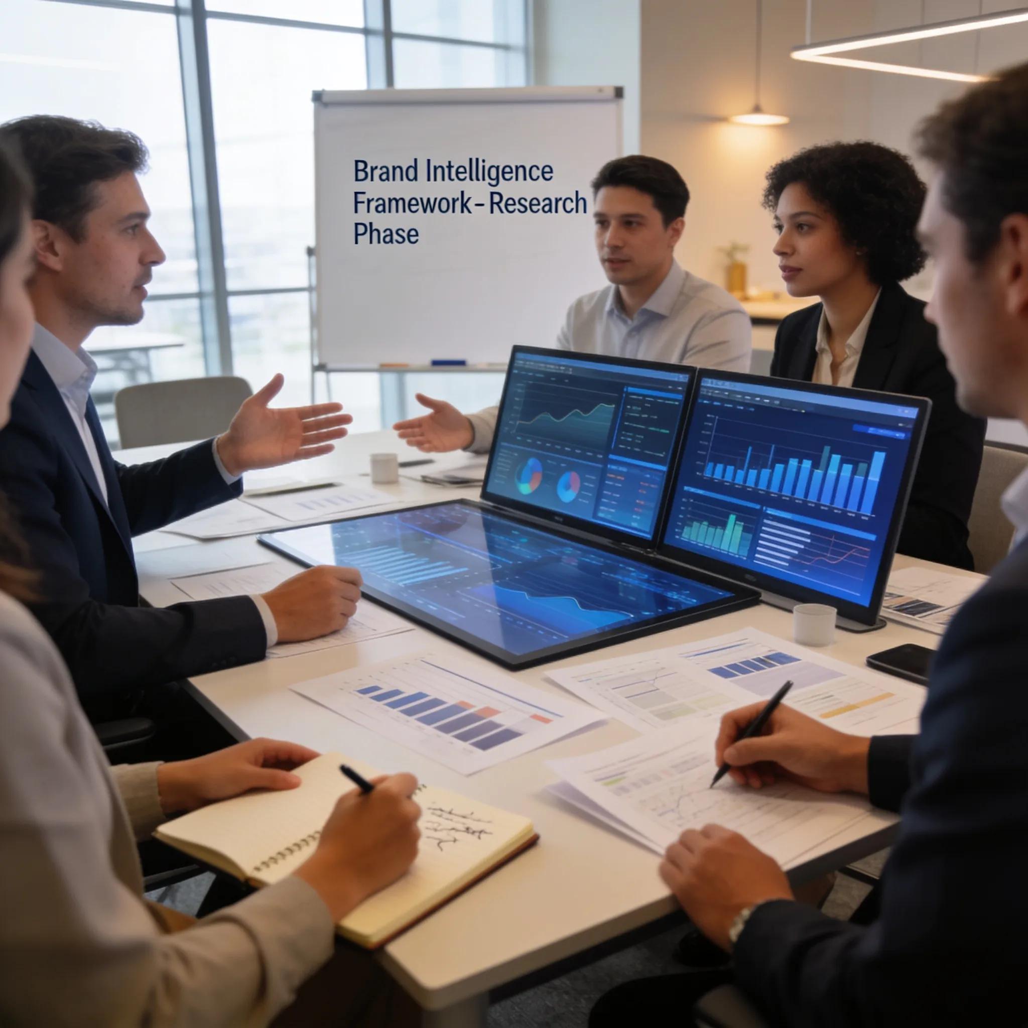 Professionals engaging in brand research discussion, analyzing insights and data for effective brand strategy
