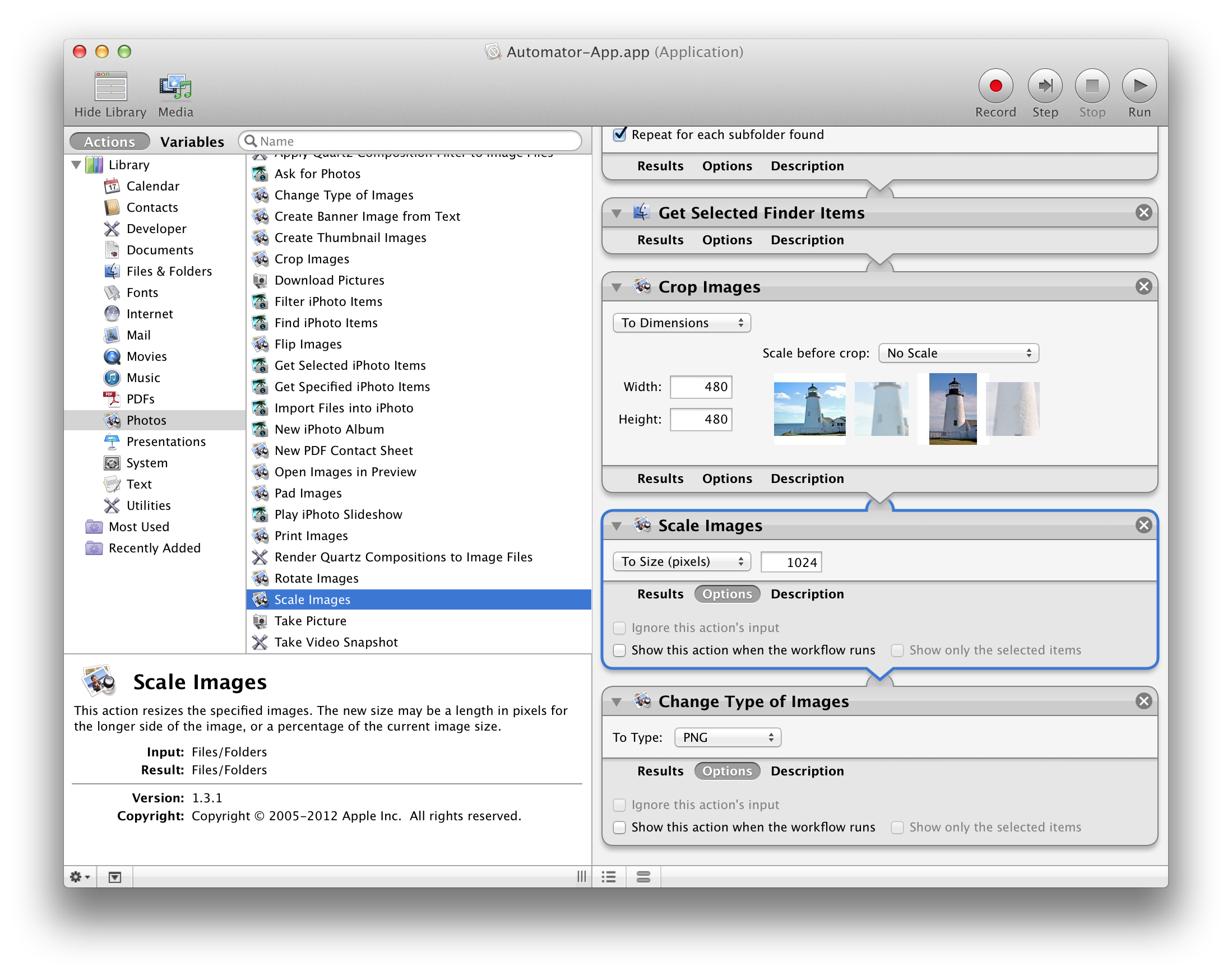 macOS Automator workflow for batch image processing and scaling.