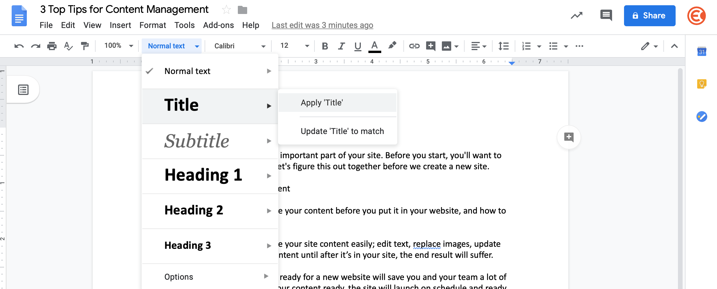 Google Doc headers and formatting that carry over to the site.
