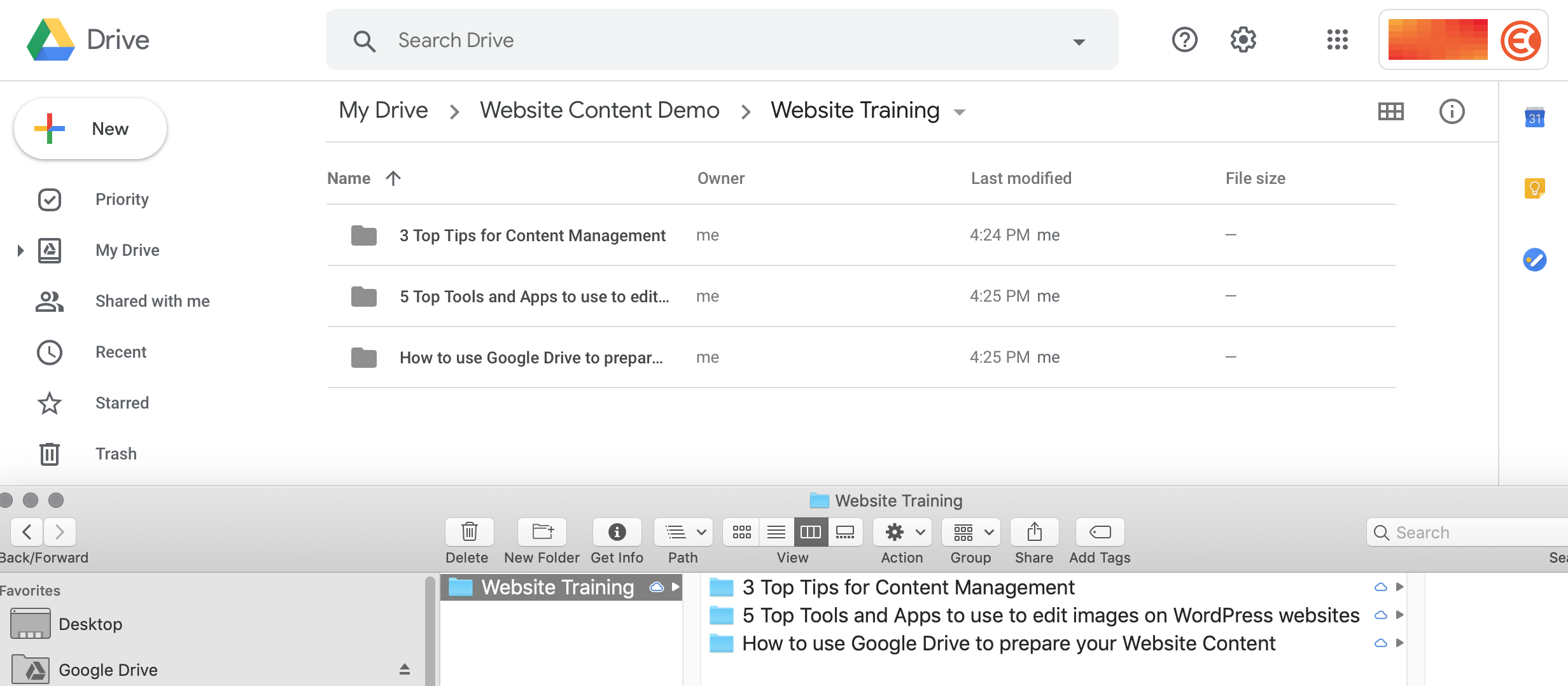 Nested folders in Google Drive, organized by website section and page.