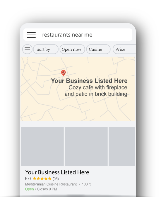 Smartphone displaying Google Maps with business listing and local search results